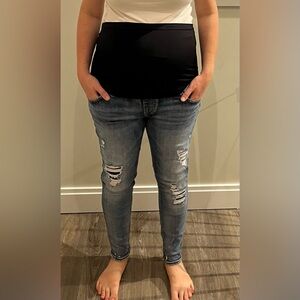 Maternity jeans, skinny fit, dark bluer wash with distressing on leg, size 30
